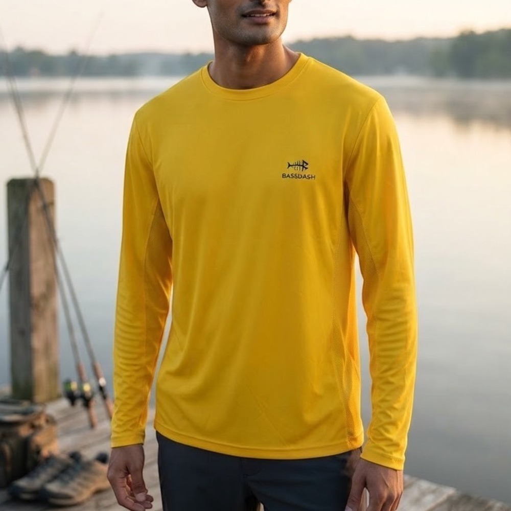 Bassdash Fishing Shirt Mens L Yellow Performance Long Sleeve Mesh Sun Tee BG1001